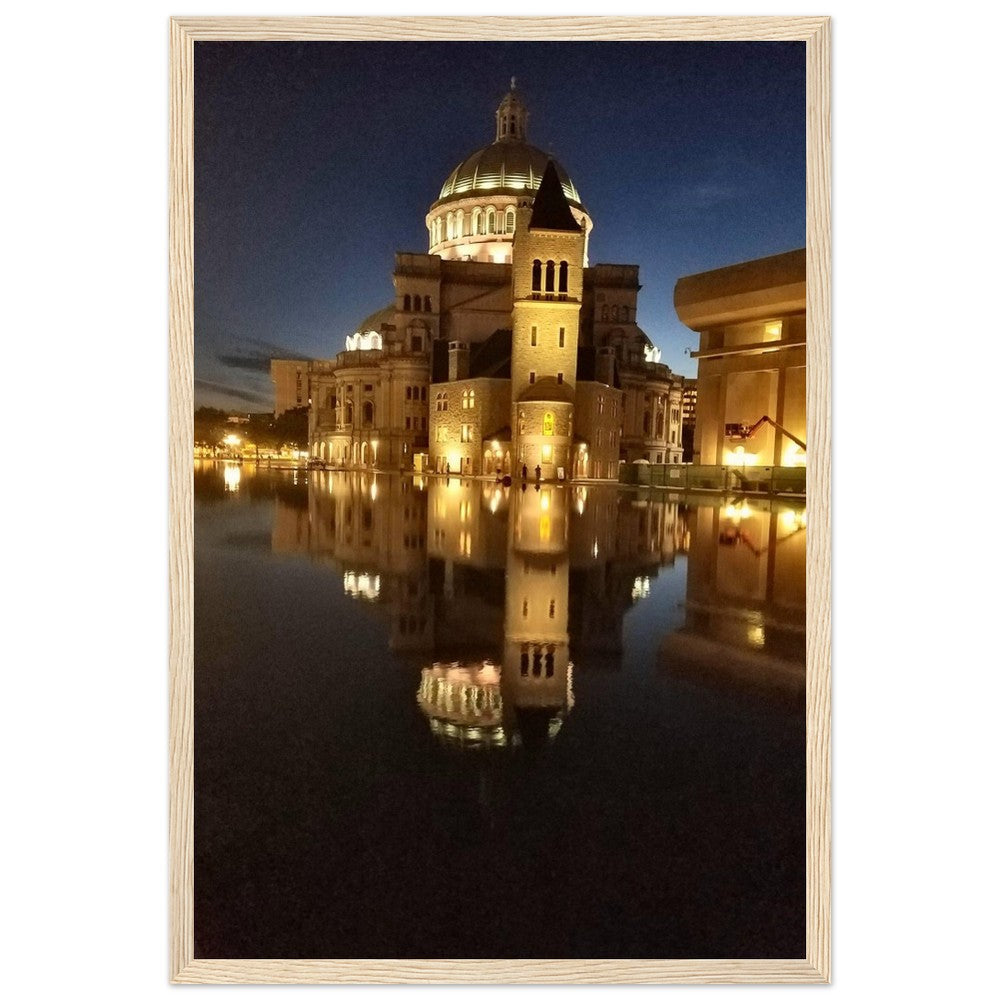 Night Reflection of Building in Water Premium Matte Paper Wooden Framed Poster