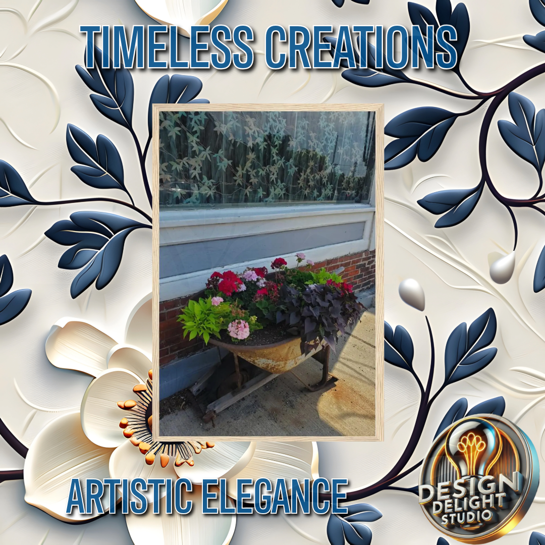 Rustic Wooden Planter with Vibrant Flowers Poster - Premium Matte Paper Wooden Framed Poster