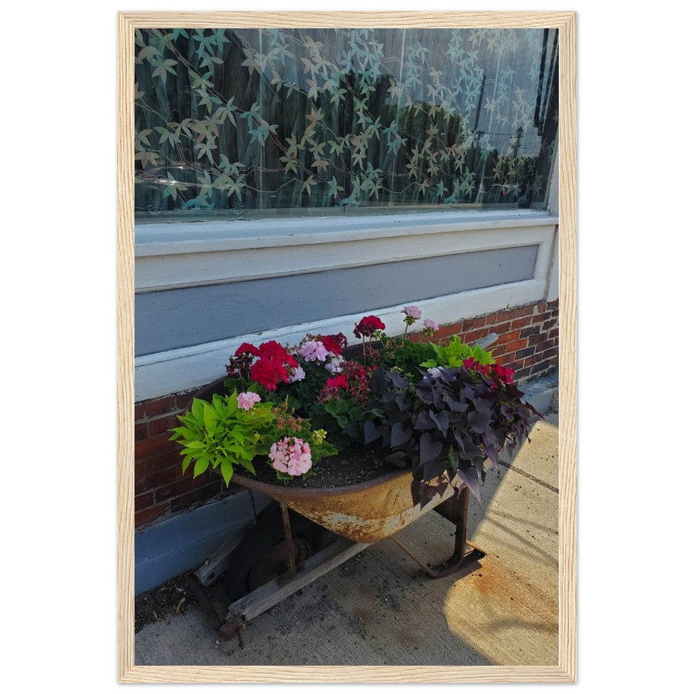Rustic Wooden Planter with Vibrant Flowers Poster - Premium Matte Paper Wooden Framed Poster